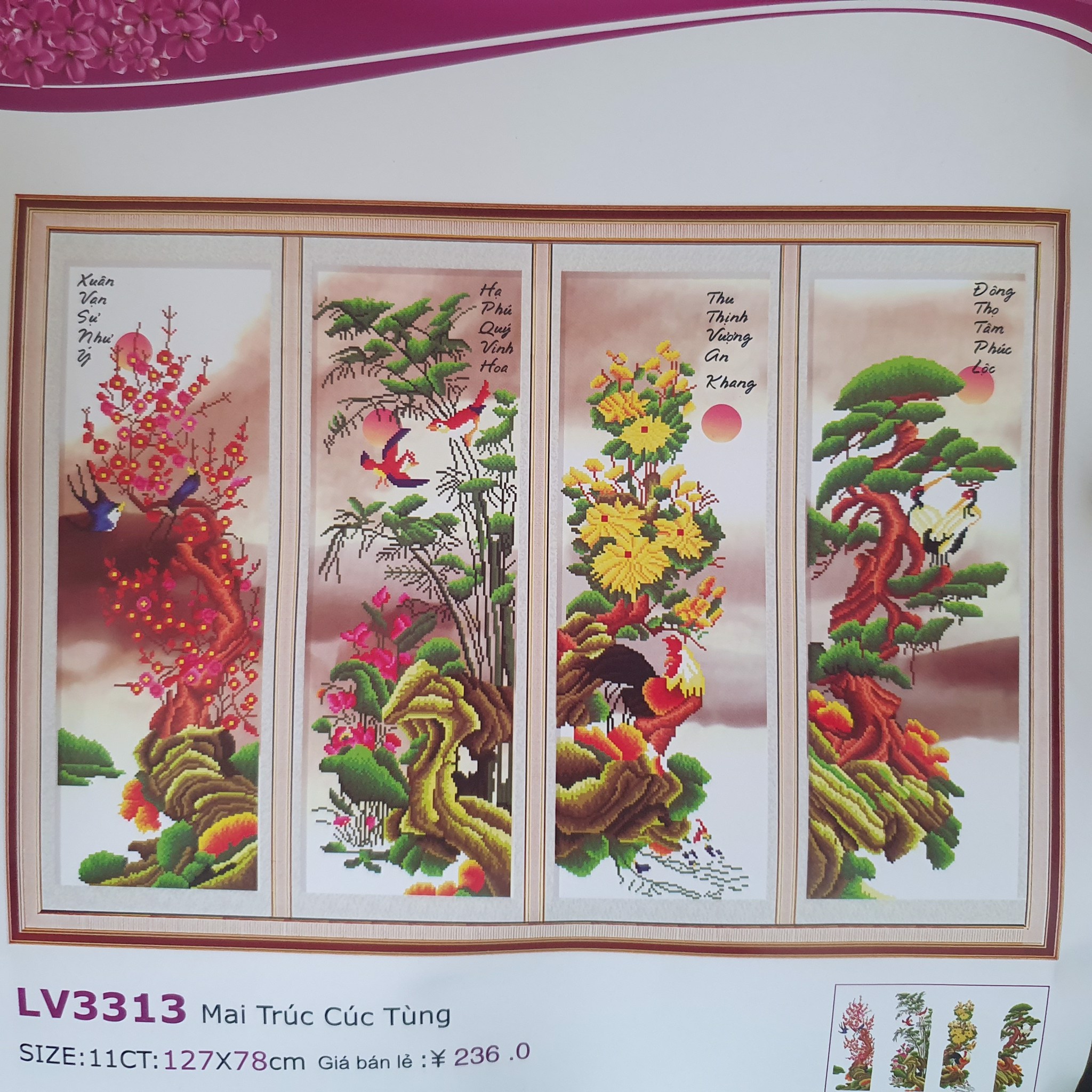 Tranh Thêu Chữ Thập Mai Trúc Cúc Tùng LV3313 Size 127x78cm