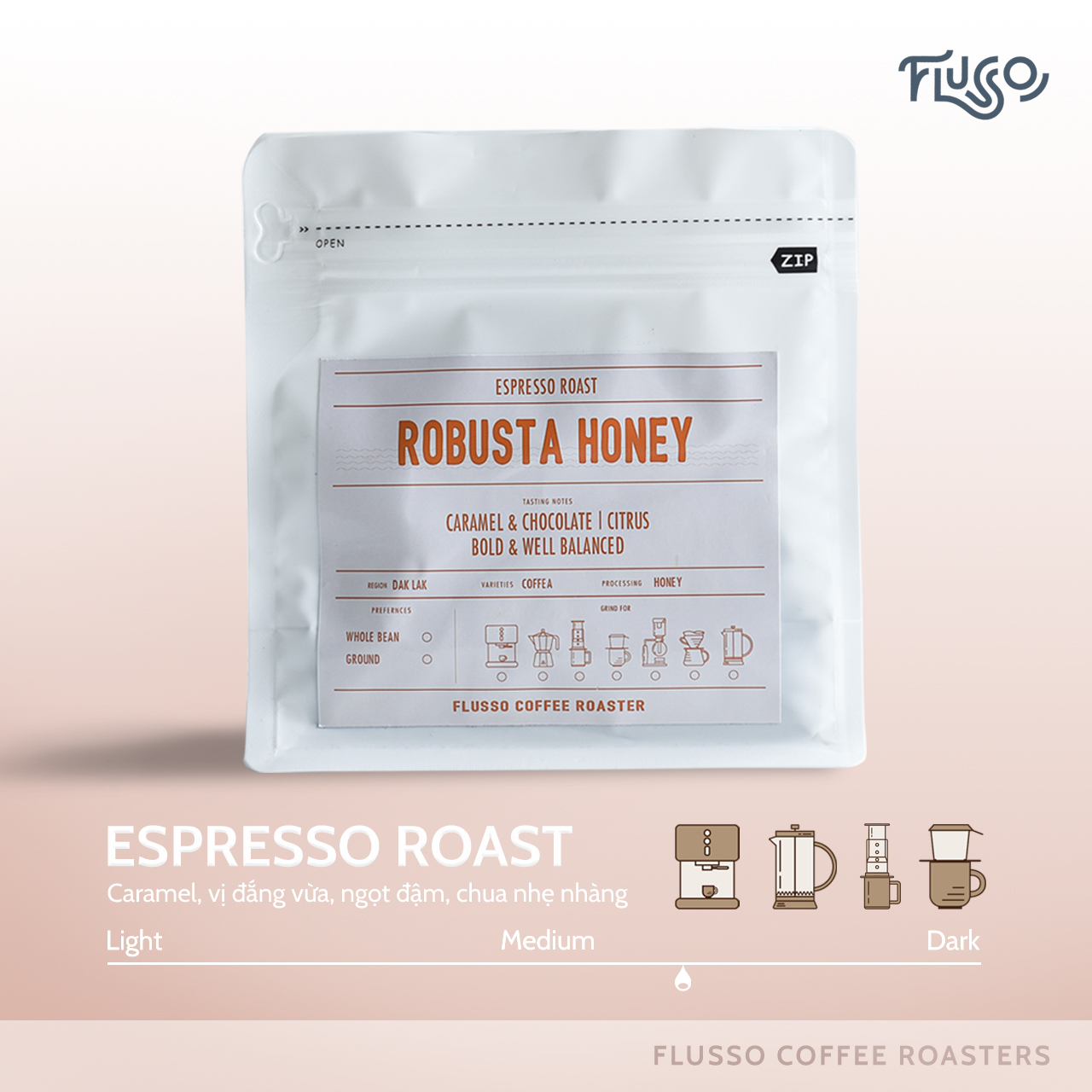Cà Phê Nguyên Chất Flusso Espresso Robusta Honey - Flusso Specialty Coffee
