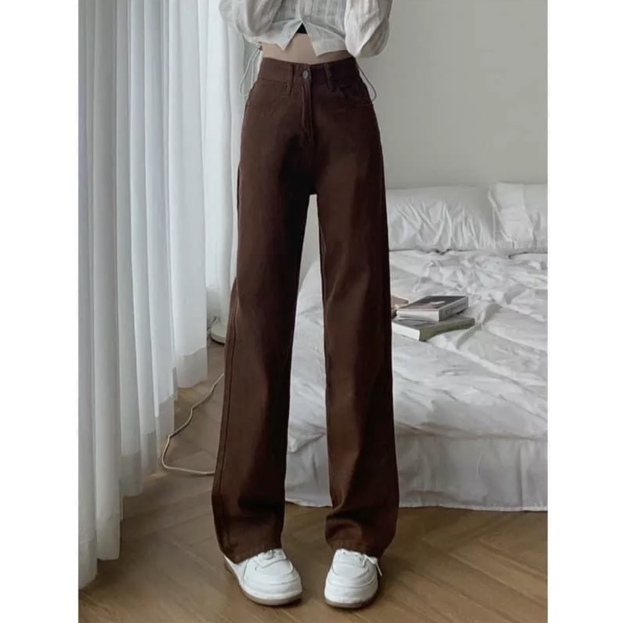 Quần Ống Suông Rộng Màu NÂU Vải Denim Xuân Thu Mới Cạp Cao Quần Ống Đứng Quần Thụng Thường Ngày Ống Đứng Phong Cách Hàn Quốc Mùa Hè Quần jeans Nữ