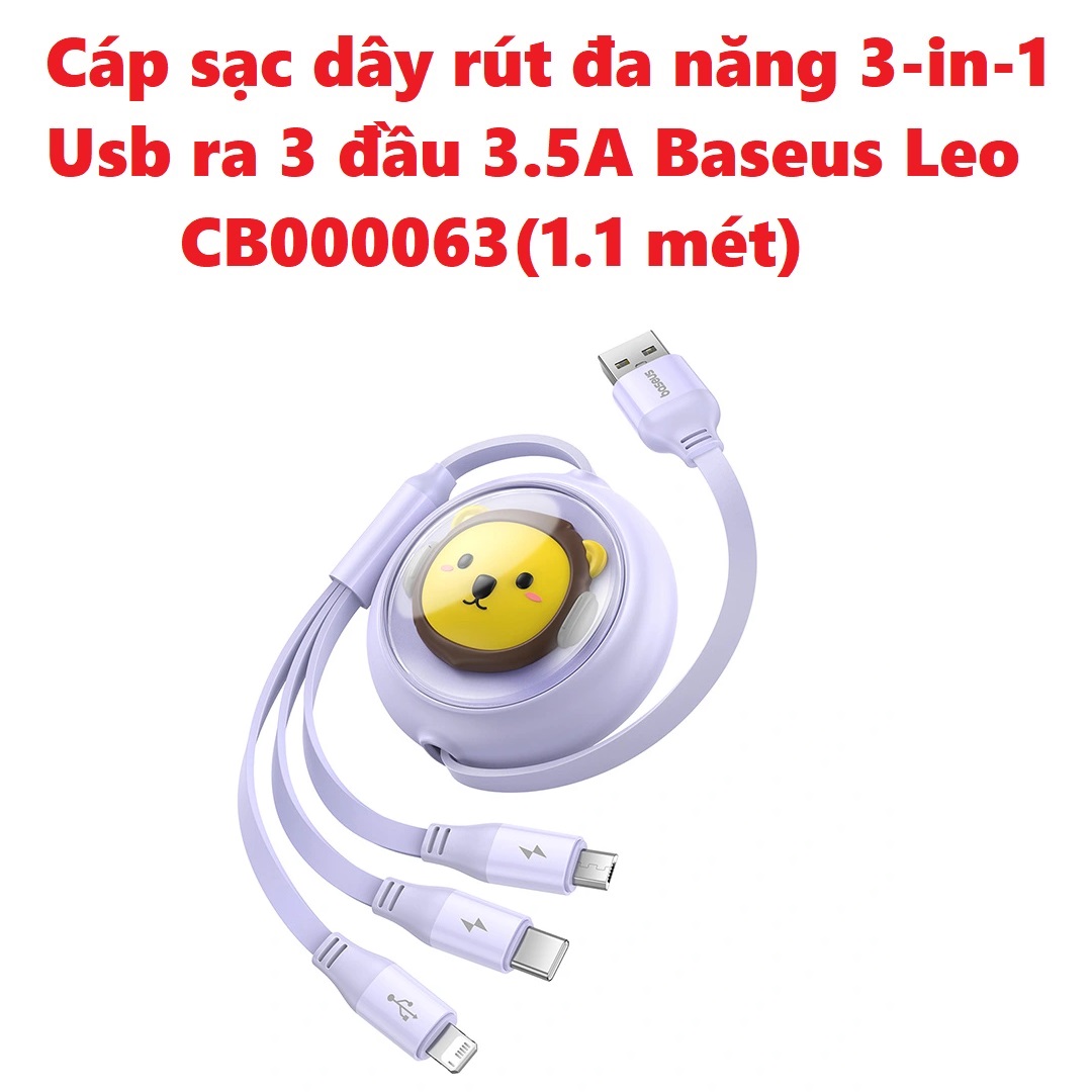 Cáp sạc dây rút đa năng 3 in 1 usb ra 3 đầu 3.5a baseus leo cb000063