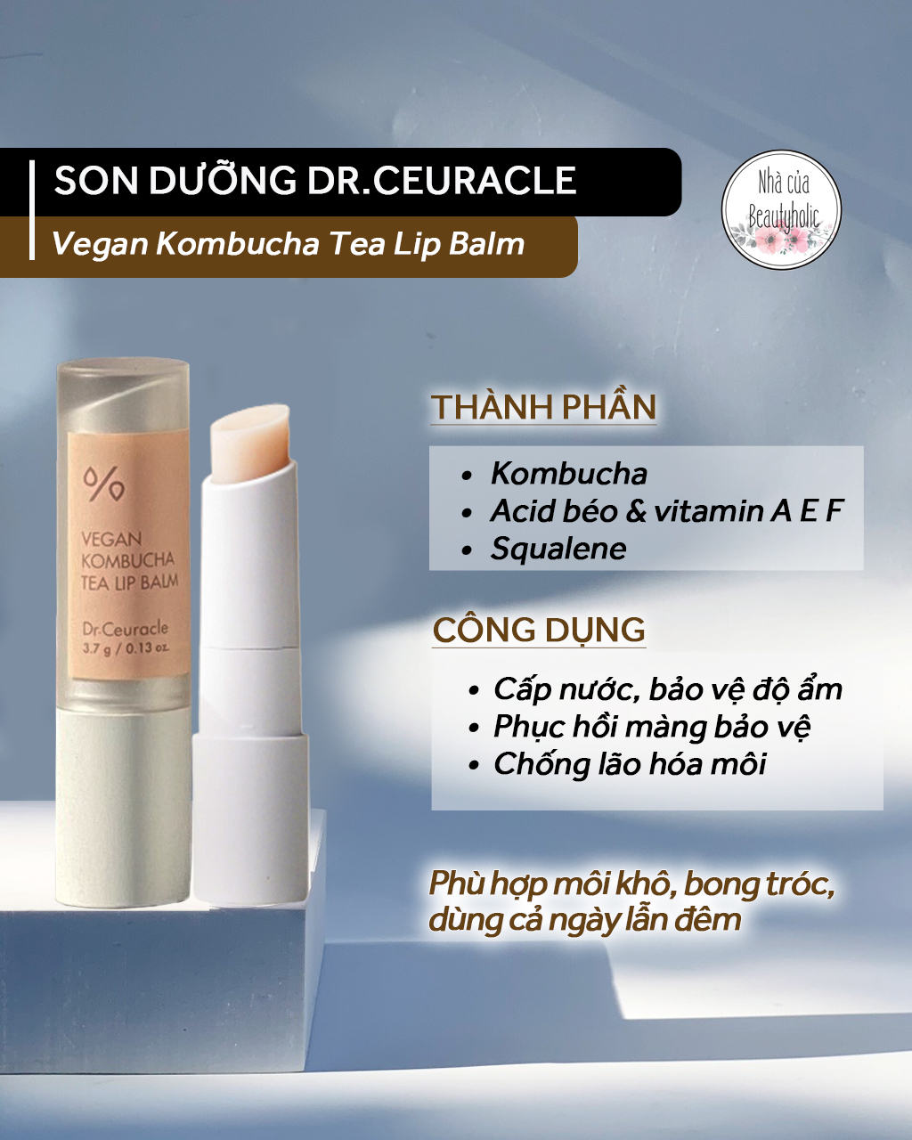 [Nhacuabeautyholic] Son dưỡng thuần chay DR.CEURACLE VEGAN KOMBUCHA TEA LIP BALM