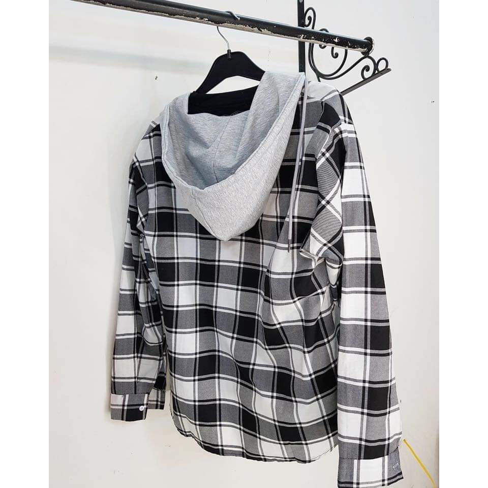 Áo khoác sơ mi caro unisex nam nữ PHỐI NÓN 2 màu cực đẹp, áo flannel nam, áo khoác nam caro kiểu dáng sơ mi 3 màu đen, xanh, đỏ bán quanh năm