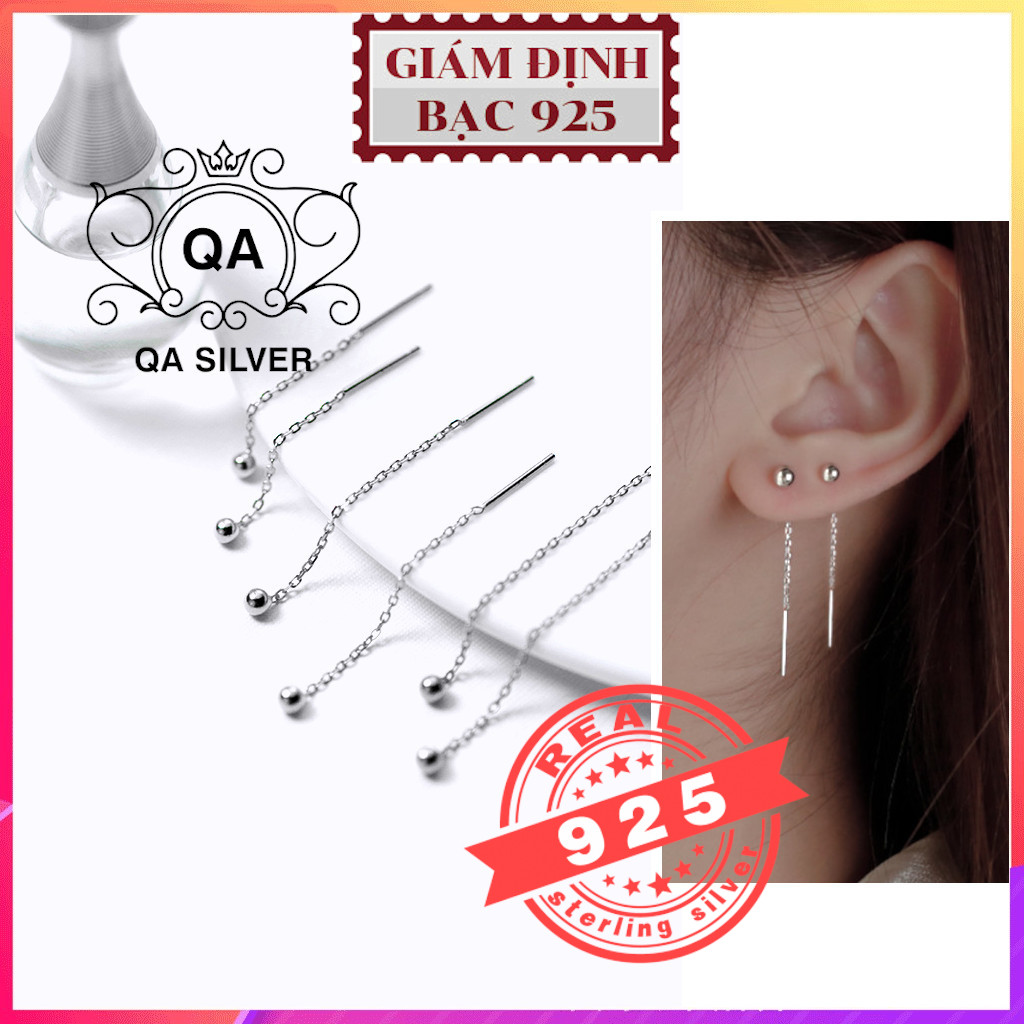 Khuyên tai bạc 925 dáng dài dây xích bi bông nữ sợi mảnh S925 CHAIN QA Silver Earrings EA170101