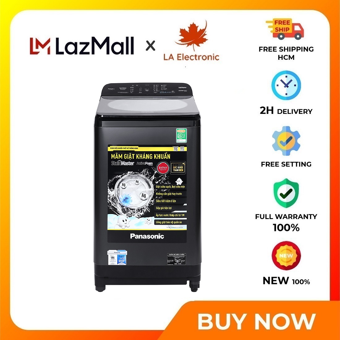 Máy giặt Panasonic 10 Kg NA-F100A9DRV - Miễn phí vận chuyển HCM - Hẹn giờ giặt Khóa trẻ em Nắp máy trợ lực chống kẹt tay Sấy gió Tự khởi động lại khi có điện