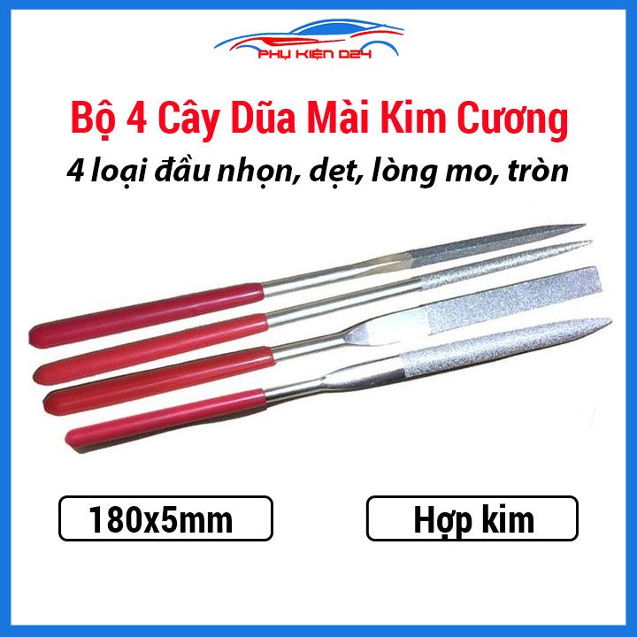 Bộ 4 cây dũa mài kim cương đa năng 180x5mm đầu nhọn, dẹt, lòng mo, tròn