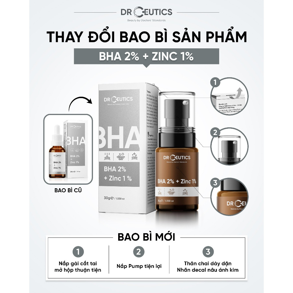 Combo 2 Serum Làm Đều Màu Da, Mờ Thâm Giảm Mụn DrCeutics (BHA 2% 30ml, Niacinamide 12% 30ml)