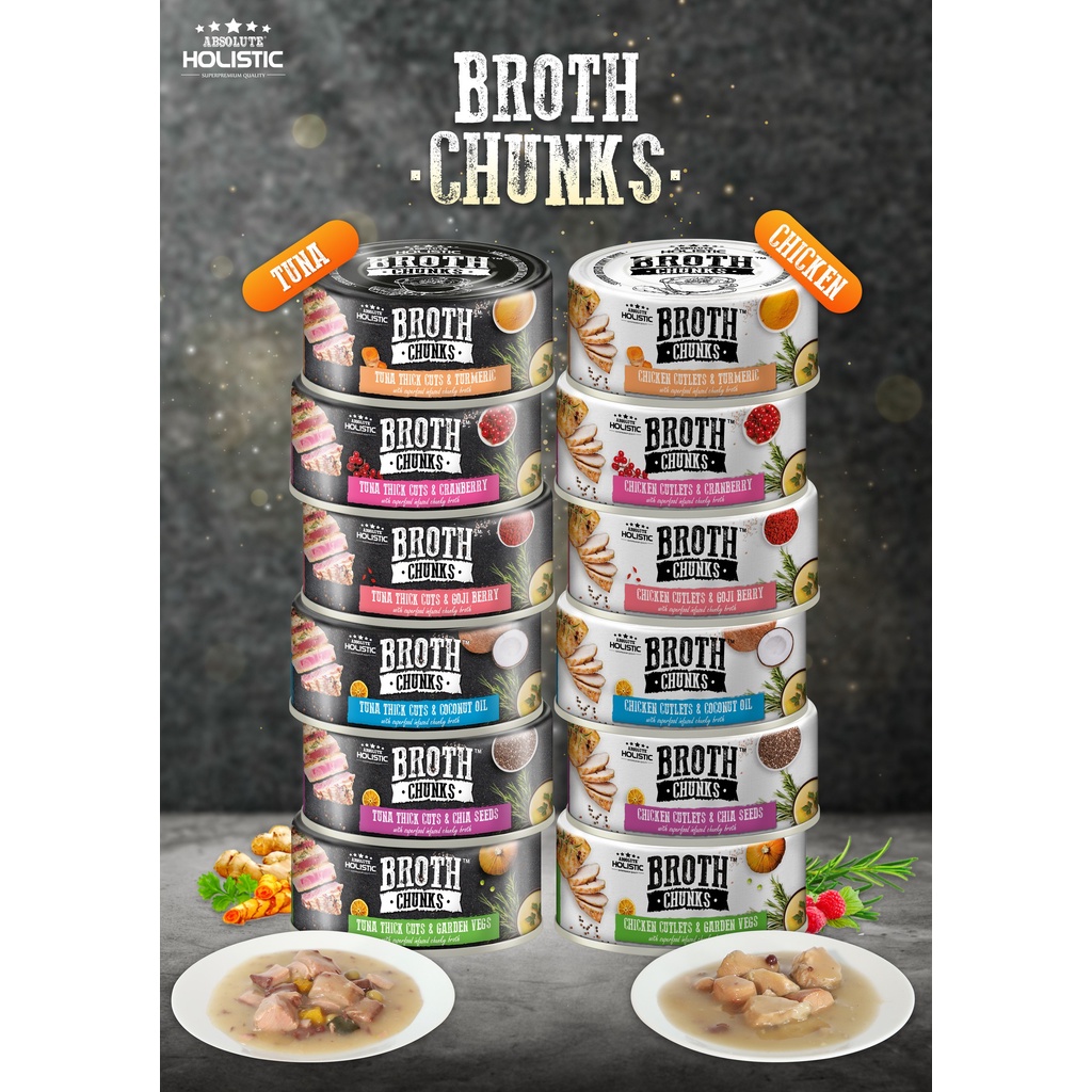 Pate gà cá cắt khúc Absolute Holistic Broth Chunks cho chó và mèo lon 80g