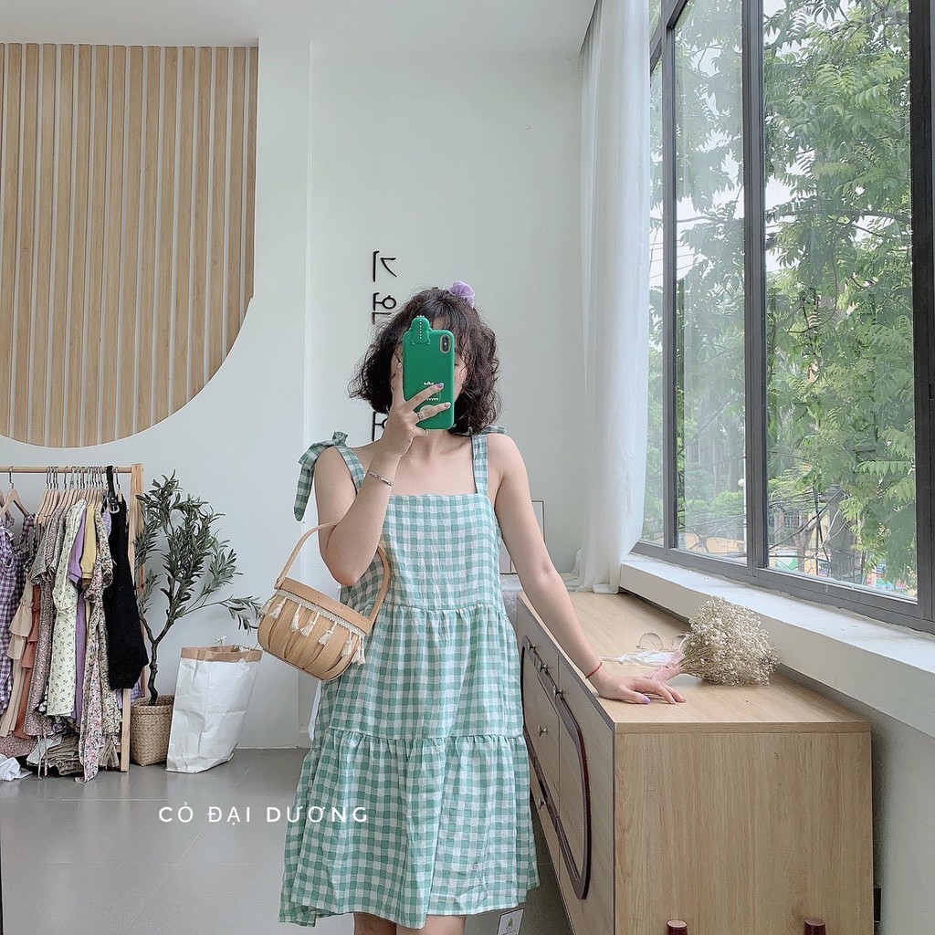 Đầm Họa Tiết Sọc Caro Màu Xanh Lá Cây Phong Cách Pháp Thời Trang Mùa Hè Mới  | Shopee Việt Nam