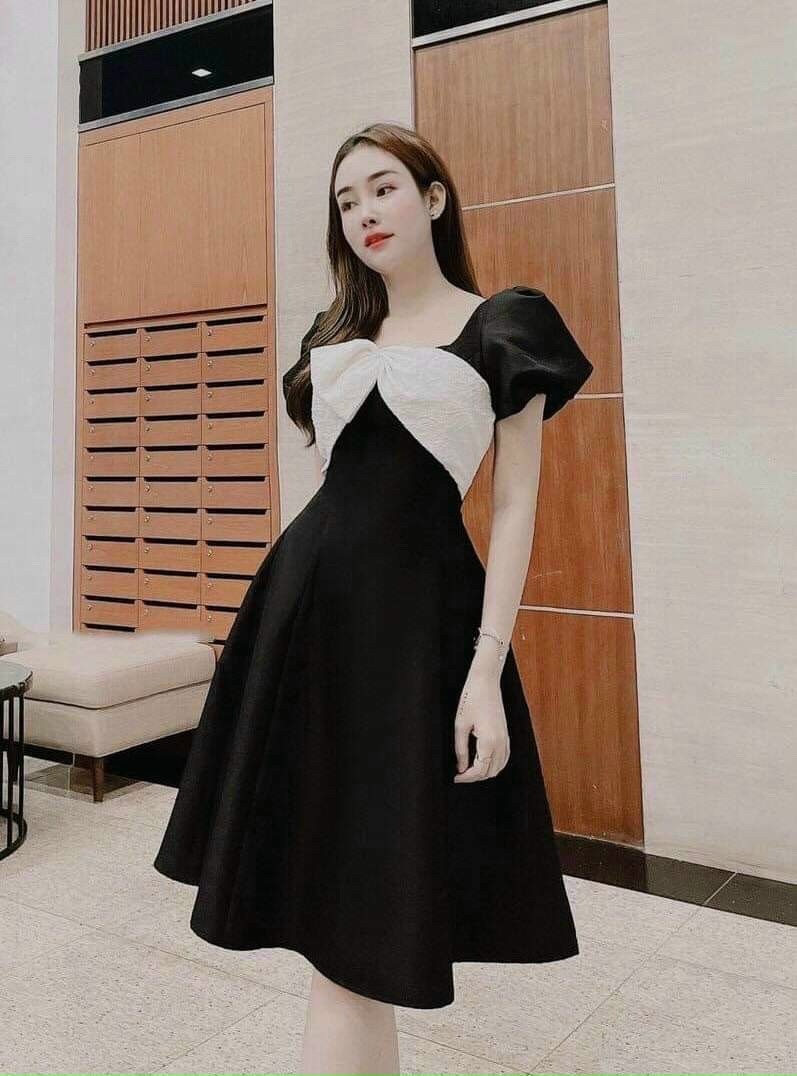 Đầm xòe phối nơ ngực có mút xinh xắn