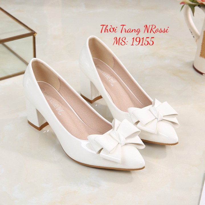 Freeship giày cao đính nơ gót vuông màu đen big size 40 41 42 43 44