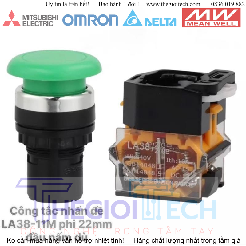 Công tắc nhấn đề LA38-11M phi 22mm đầu nấm dù
