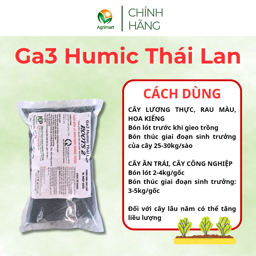 Phân bón Ga3 Humic Thái Lan - Hữu cơ đậm đặc Rễ khỏe Củ to Hạt lớn Cây cứng cáp Đẻ nhánh nhiều - 1Kg