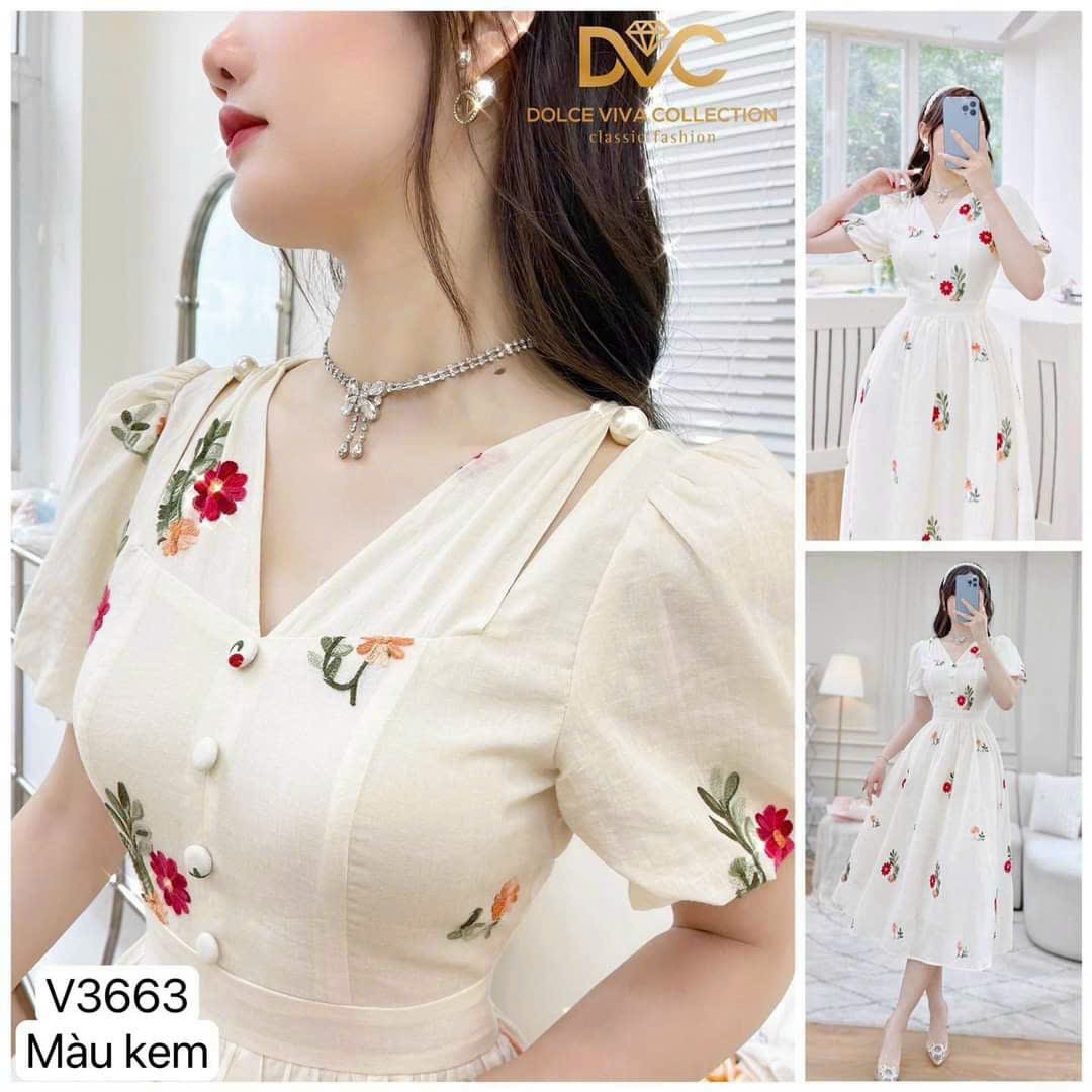 Đầm xòe xốp hoa tay phồng nút bọc cổ tim