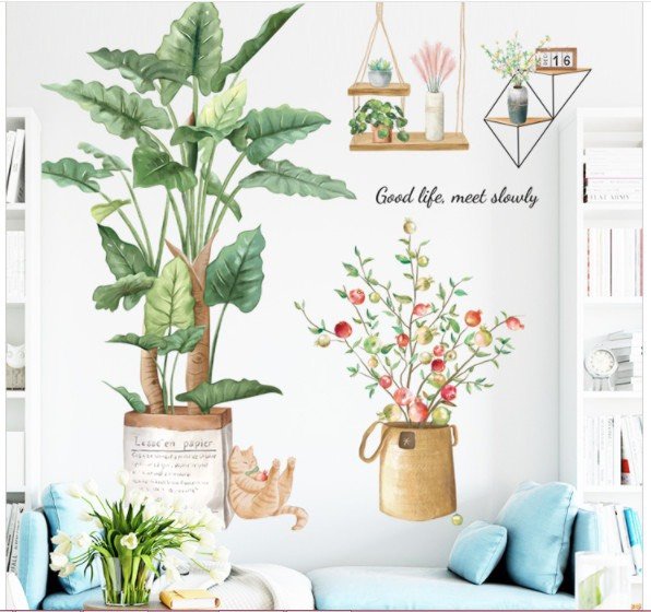 Decal dán tường chậu cây xanh good life, meet slowly