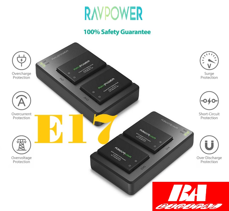 Bộ 2 Pin + 1 Sạc RAVPower LP-E17 for Canon EOS 77D, EOS 750D, EOS 760D, EOS 8000D, EOS M3, EOS M5, EOS M6