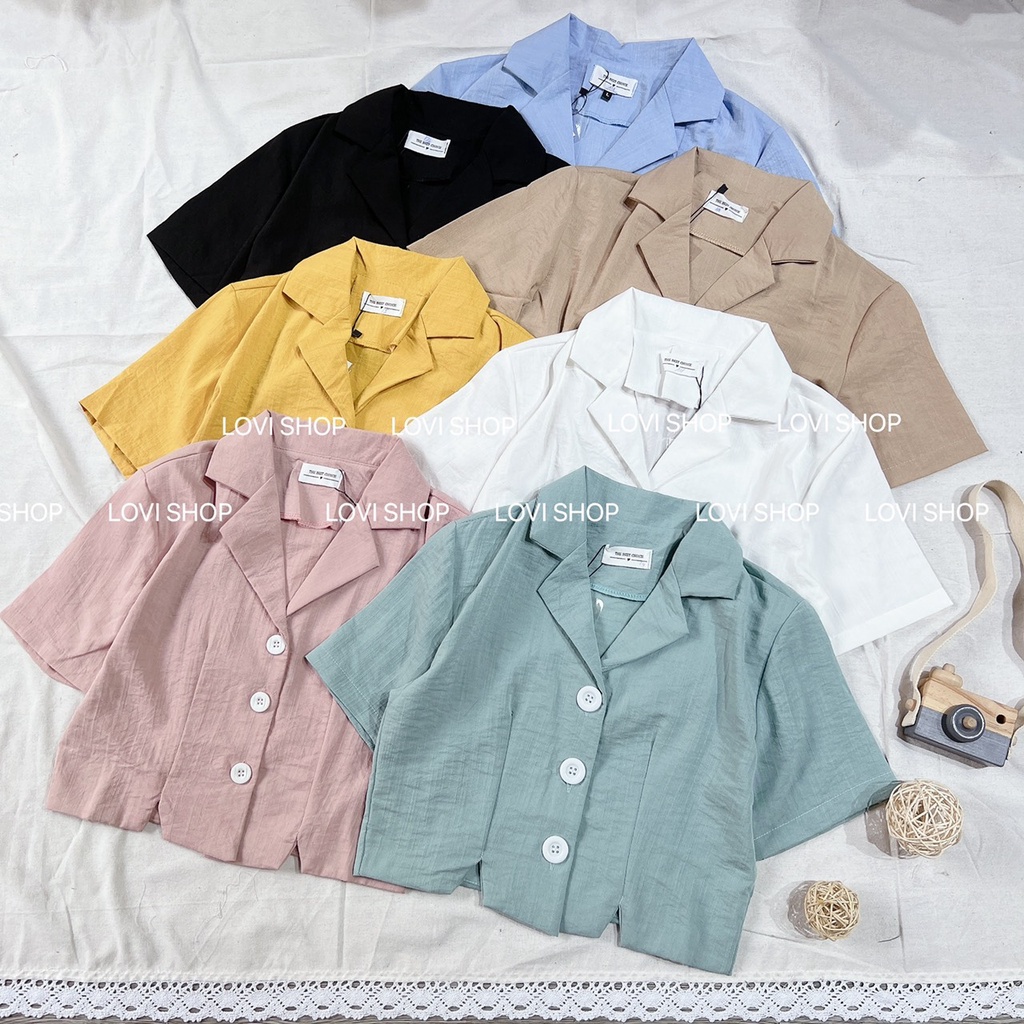 LOVI SHOP- Áo sơ mi croptop cổ vest tay ngắn basic