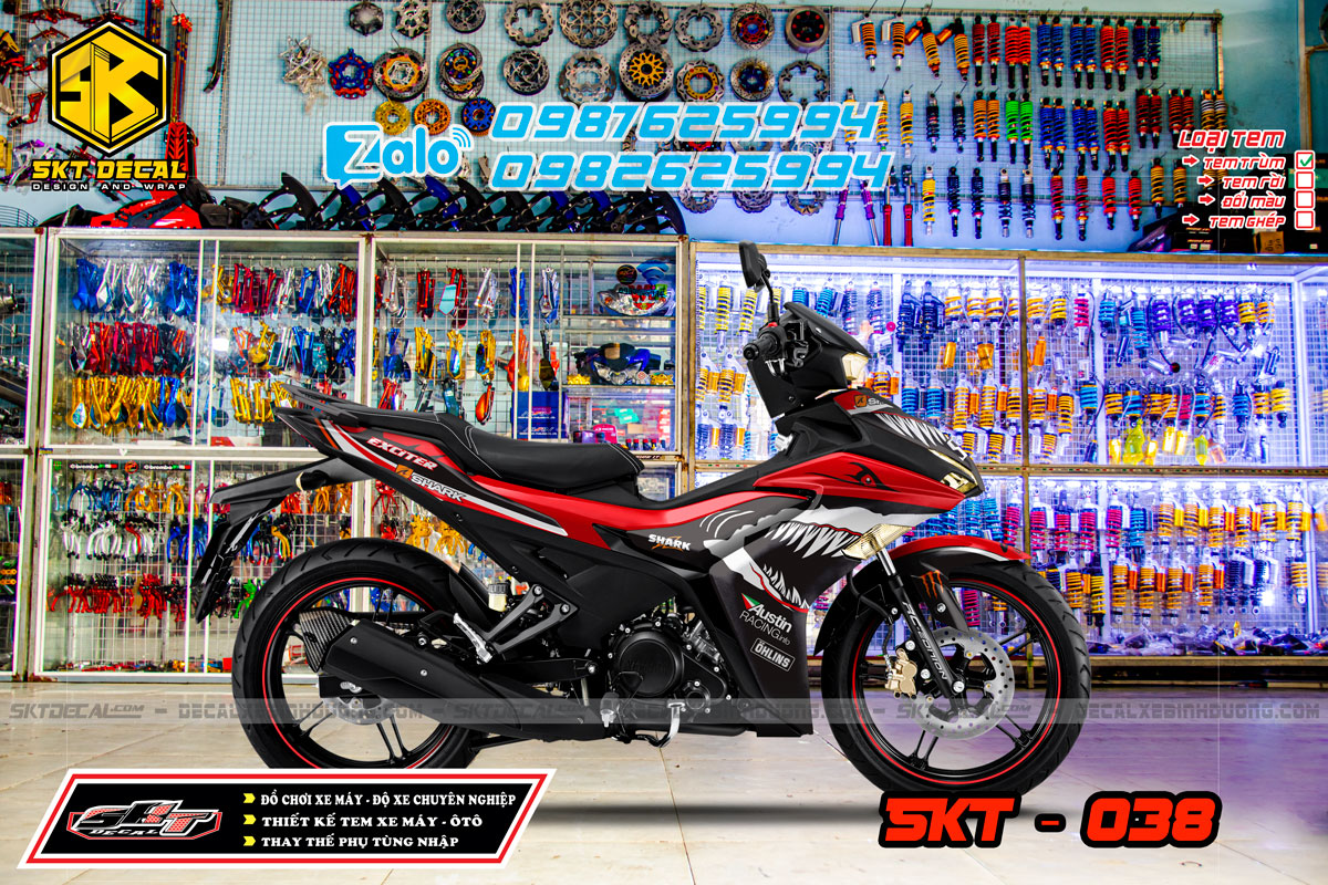 tem trùm exciter 155 trắng đỏ đen cá mập