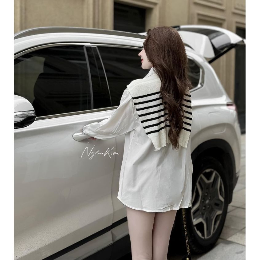 Set Áo Sơ Mi Tone Trắng Basic Freesize Tay Dài Phối Khăn Choàng Kẻ Sọc Style Basic Trẻ Trung, Thanh Lịch