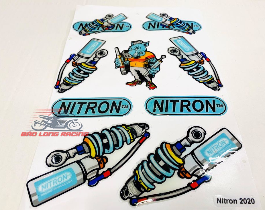 Tem Sticker deca  hình phuộc Nitron trang trí xe máy...màu Xanh