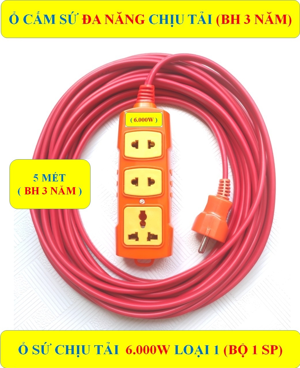 Ổ cắm điện CHỊU TẢI CAO 6.000W đa năng CAO CẤP + Dây 5 MÉT + (BH 3 NĂM) HÀNG LOẠI 1 CAO CẤP + 3 lỗ cắm SỨ chịu tải chịu nhiệt + Đèn LED báo (bộ 1 sản phẩm)