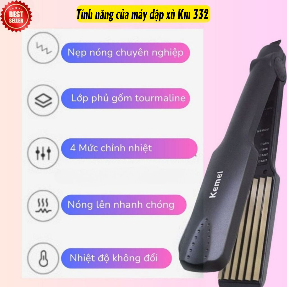 Máy dập xù tóc bản to, máy bấm phồng chân tóc Kemei KM-322, máy bấm tóc mini gợn sóng giá rẻ công suất lớn, tiết kiệm điện, bảo vệ tóc không gây hư tổn bảo hành 24 tháng