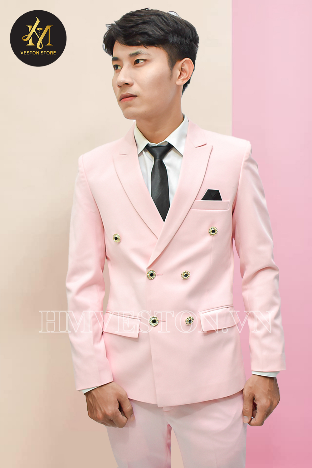 Bộ vest nam 6 nút màu hồng