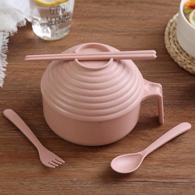 BỘ CA ĂN MÌ TÔM CÓ NẮP ÚP BẰNG LÚA MẠCH (KÈM THÌA, ĐŨA, NĨA)