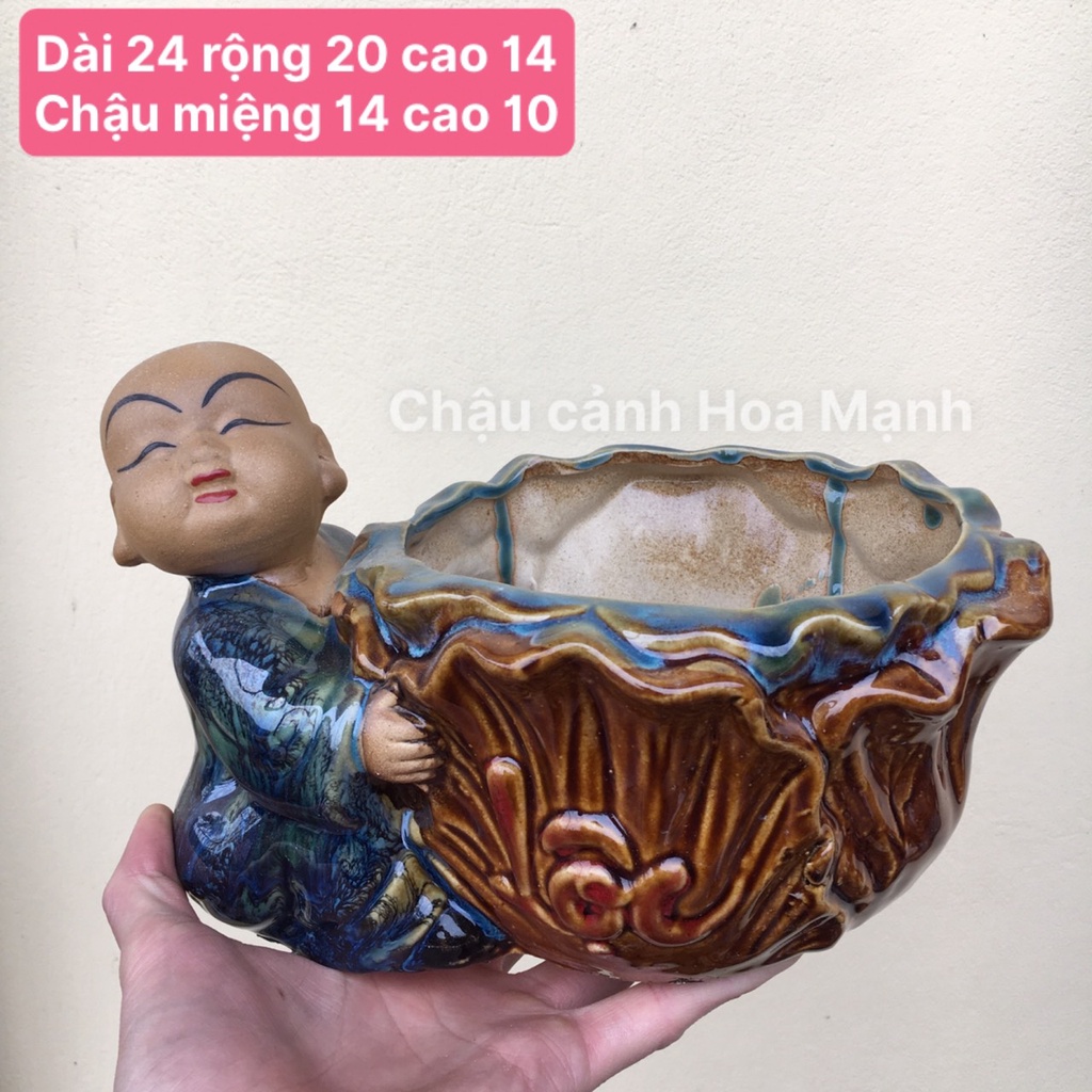 Chậu tượng chú tiểu ôm bắp cải men xanh hoả biến SP523