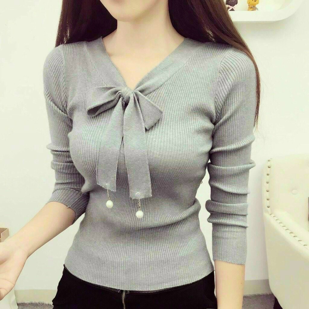 ÁO THUN GÂN CỔ V, THẮT NƠ ĐÍNH HẠT DỄ THƯƠNG