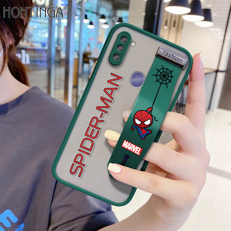 (With Wristband)Hontinga Casing Case For Samsung Galaxy A11 M11 2020 Case Shockproof Marvel Spider-Man Cartoon Transparent Phone Case Soft Edge Full Lens Camera Protector Back Cover Hard Case For Boys