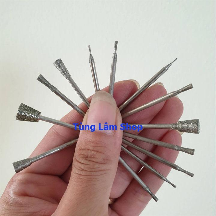 Bộ 13 mũi mài kim cương khắc tượng ngọc hình trụ các loại - mũi mài kim cương chân 2mm dùng hầu hết các máy mài khắc mini hay máy mài móng tay