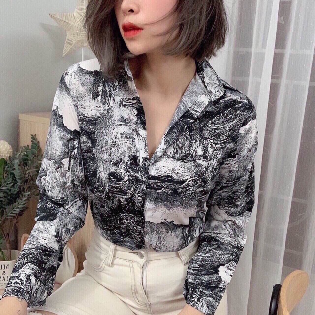 áo sơ mi lụa nữ màu loang cá tính