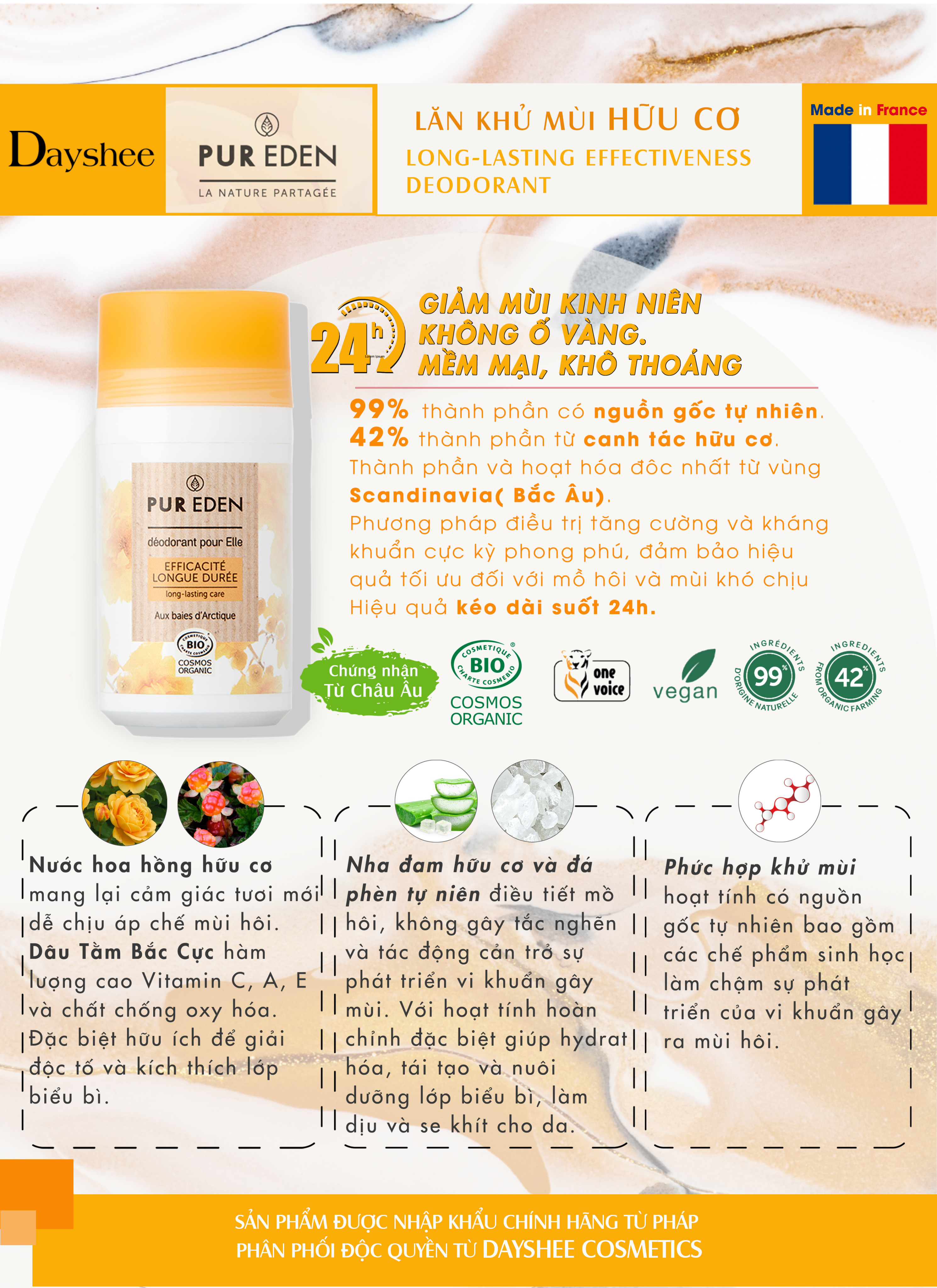 Dayshee Lăn Khử Mùi Hữu Cơ Pur Eden Long Lasting Effectiveness Deodorant 50ml - màu vàng