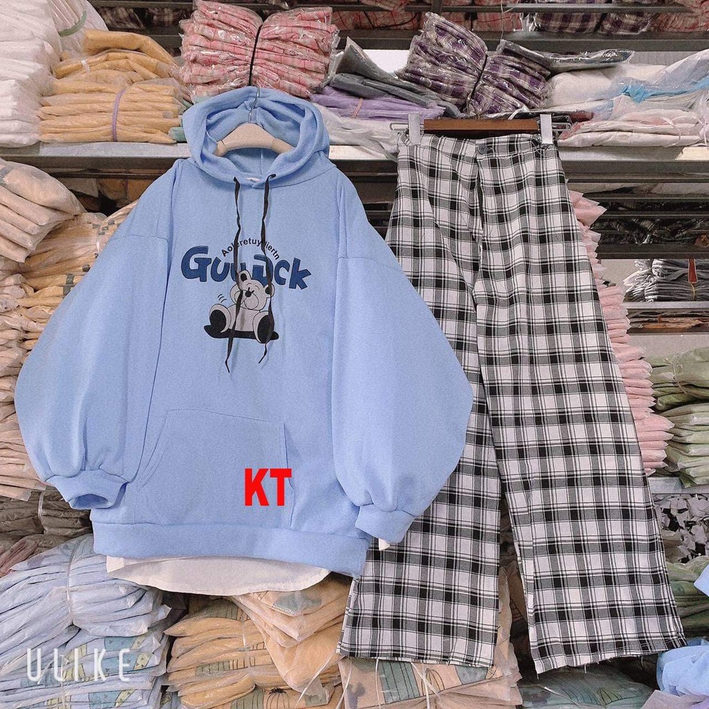 Sét áo hoodie gấu Guudck + quần kẻ đen KTH0121