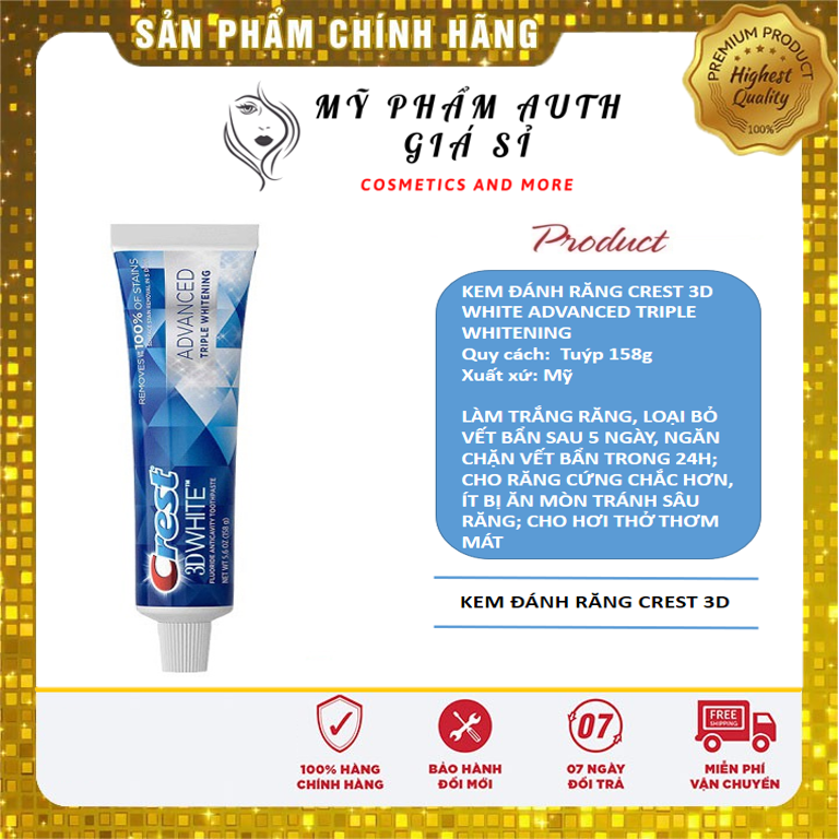 [CHÍNH HÃNG GIÁ SỈ] Kem Đánh Răng Crest 3D White Advanced Triple Whitening 158g