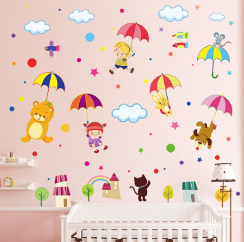 Decal dán tường trang trí phòng bé Thú che ô TL62