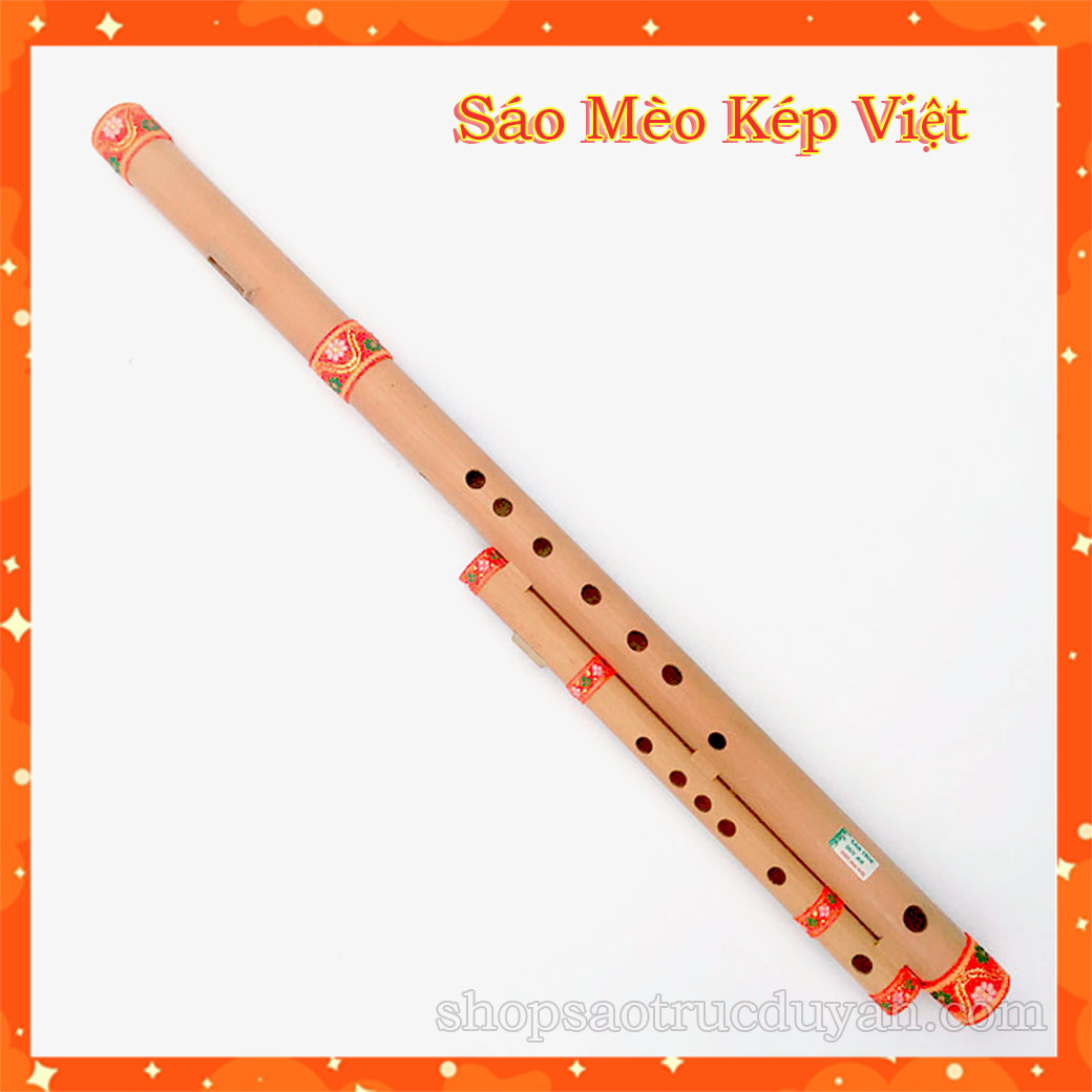 Sáo mèo kép việt quấn vải thổ cẩm tone đô - sáo trúc giá rẻ