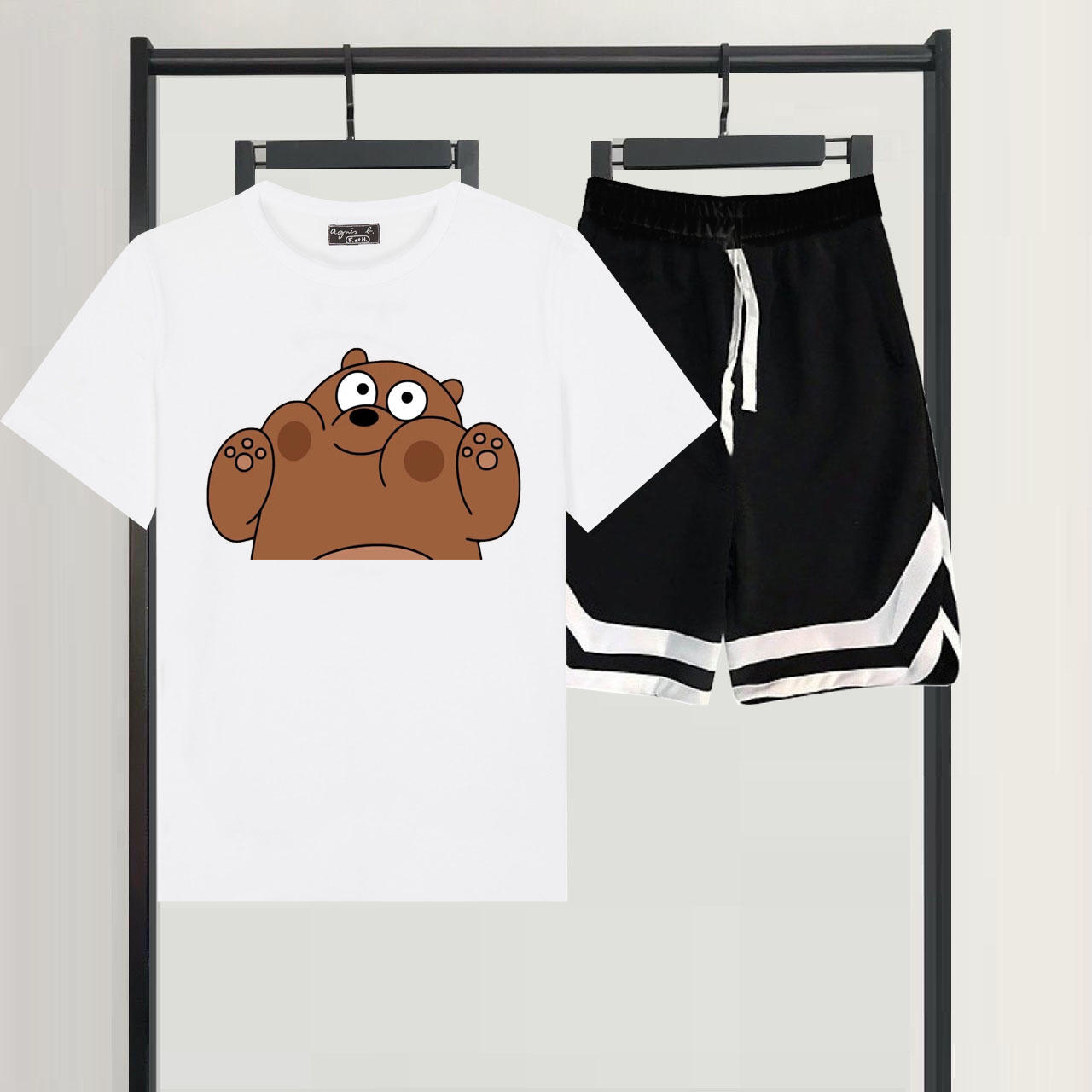 Sét Bộ Đùi Mùa Hè Nữ Xinh Cute Mặc Đi Chơi Dạo Phố, Chất Liệu Áo Cotton Organic Ngắn Tay Cổ Tròn In 3D Gấu Nâu Tham Ăn Cute Kèm Quần Đùi Viền V