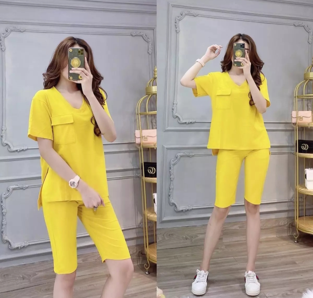 Set bộ lửng mặc nhà phối túi cổ tim dễ thương vải dày mịn mát, thiết kế thời trang