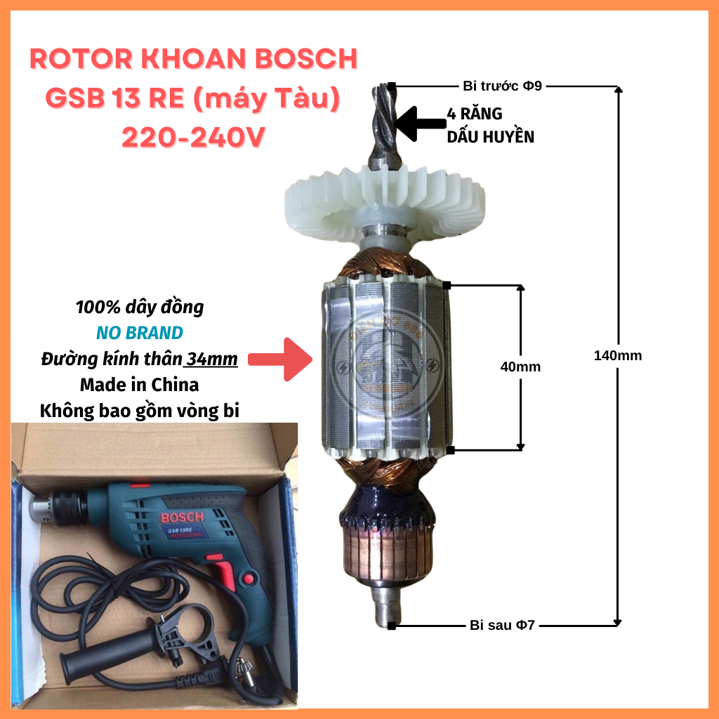 Rotor khoan BOSCH GSB 13RE 4 Răng Thân 34mm (Máy Trung Quốc) 220V - Tặng chổi than