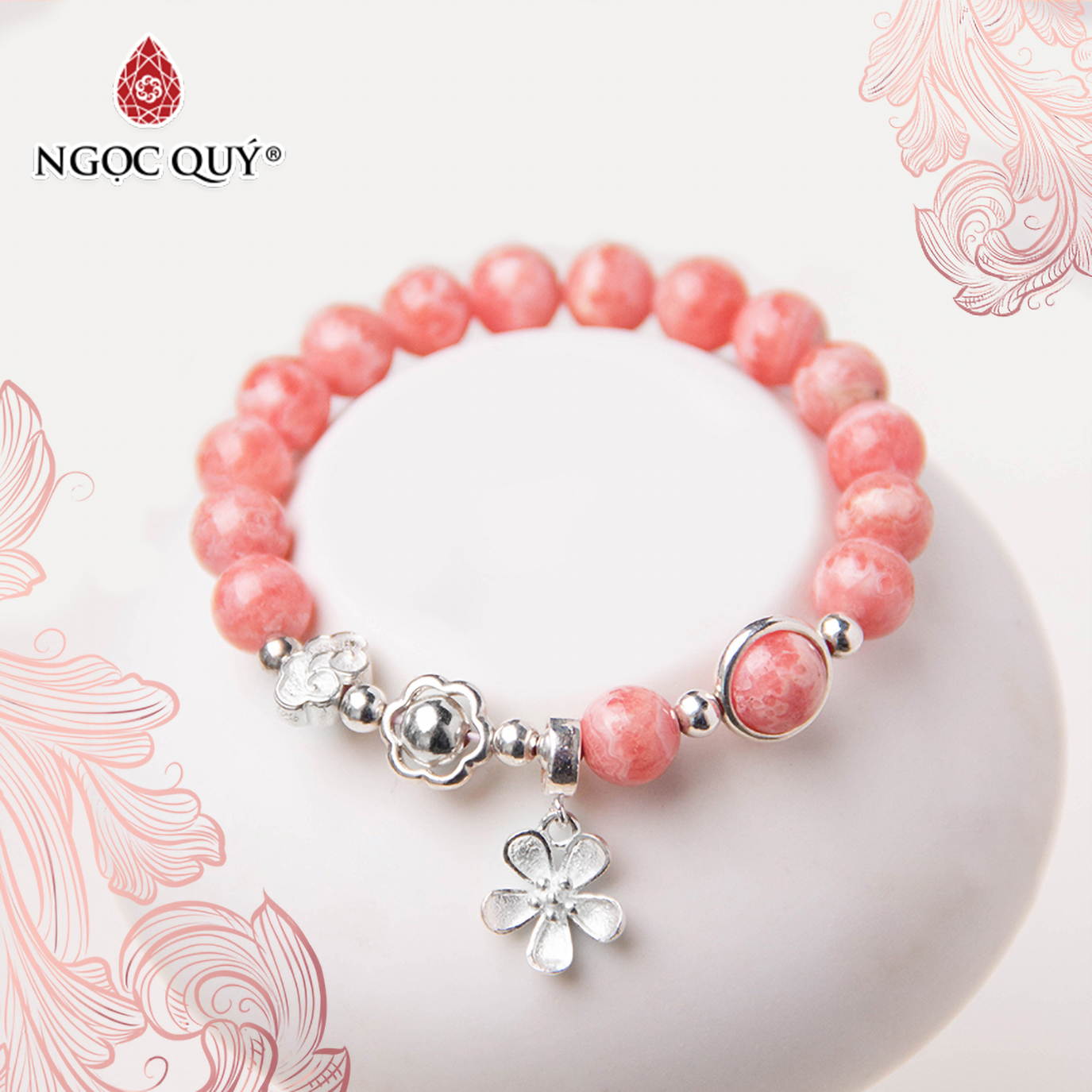 [HCM]Vòng tay đá Rhodochrosite phối charm hoa mệnh hỏa thổ - Ngọc Quý Gemstones