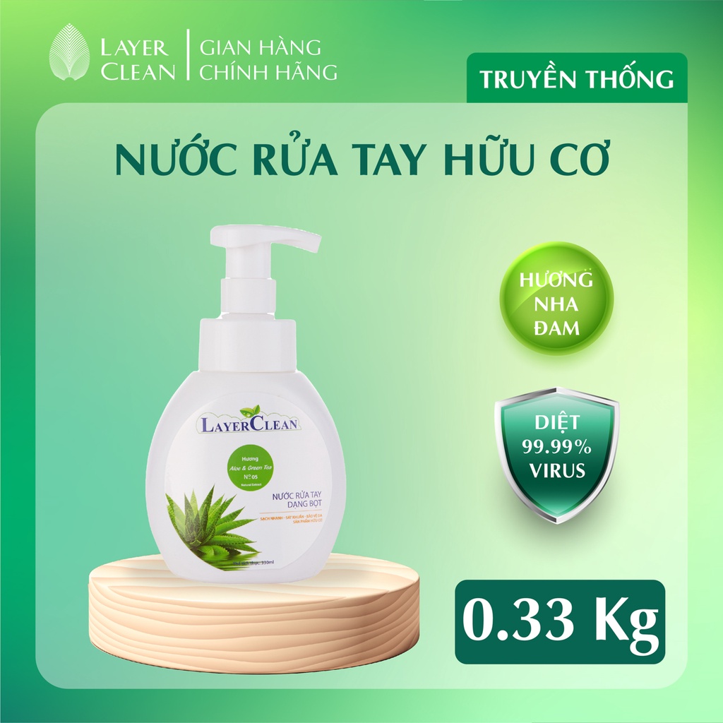 Nước rửa tay hữu cơ Layer Clean dạng bọt chai 330ml hương Lô hội