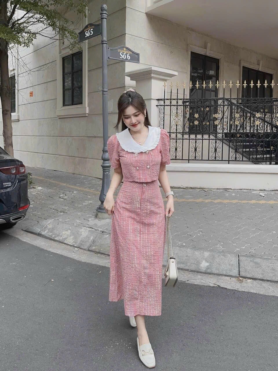 Set bộ linen , áo cổ tròn tay ngắn cài nút phối chân váy dài ôm cài nút tôn dáng phong cách tiểu thư