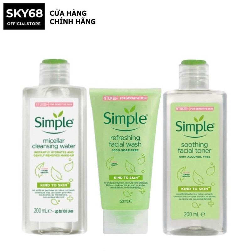 Bộ 3 Sản Phẩm Giúp Da Sạch Sâu Và Cấp Ẩm Cho Da SIMPLE Kind To Skin (Tẩy trang 200ml + SRM 150ml + Toner 200ml) giá rẻ