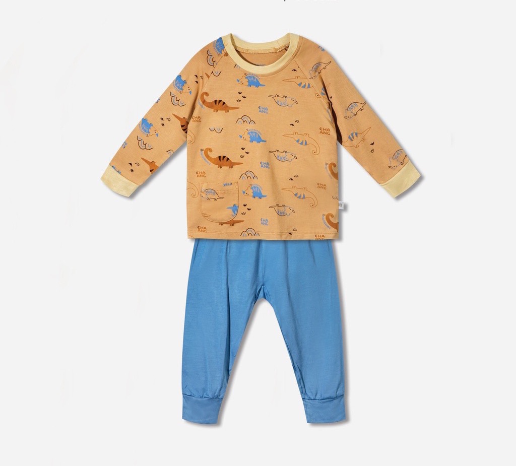 Bộ quần áo dài raglan Dino nâu CHAANG