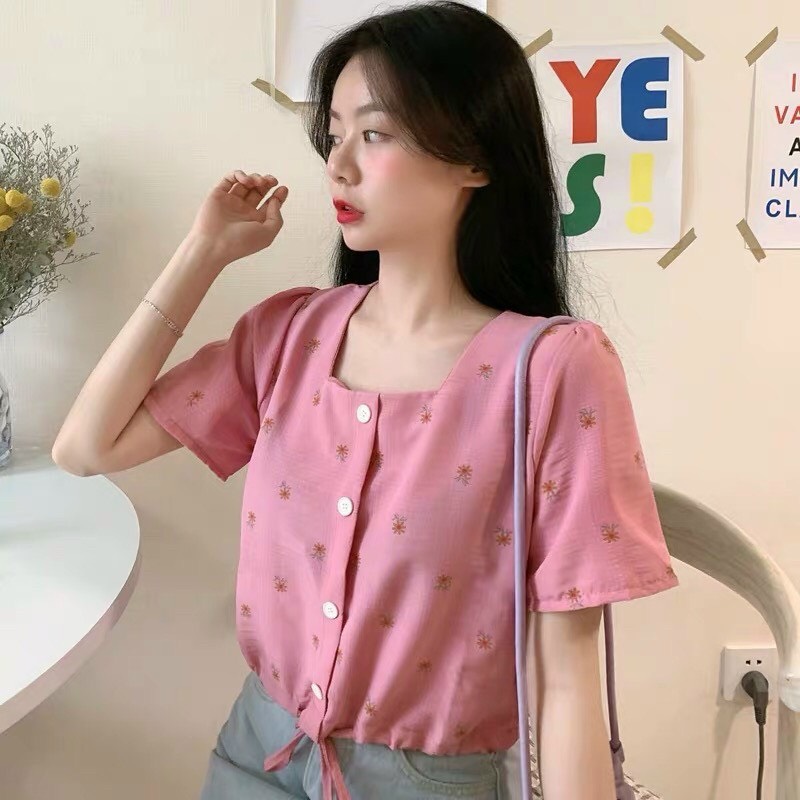 Áo kiểu voan cổ vuông phối hoa thắt nơ trước bụng TTSA1095