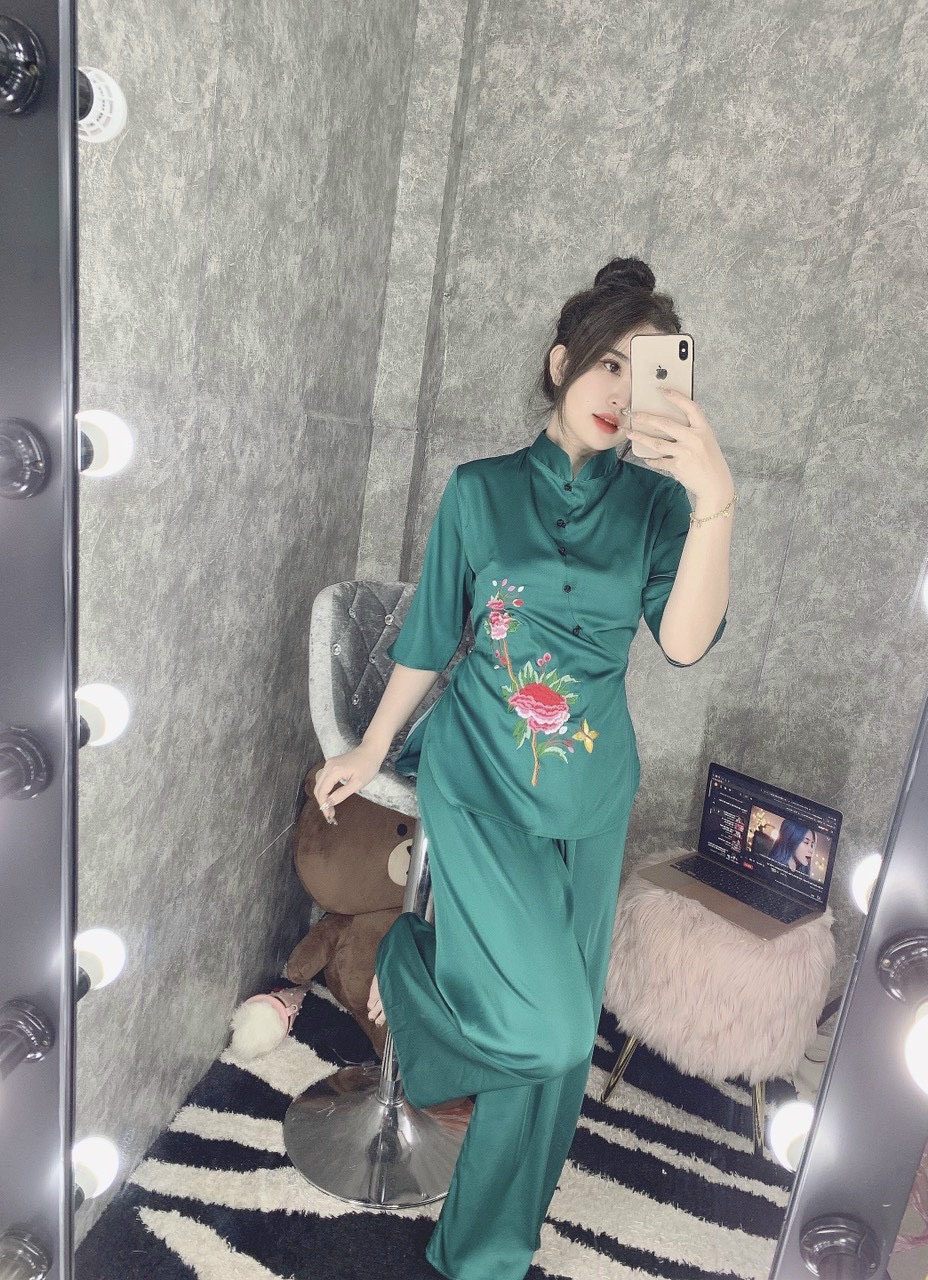 Đồ Lam Đi Chùa #Mẫu Hoa Xuân Lụa Satin# Quần Áo Nữ