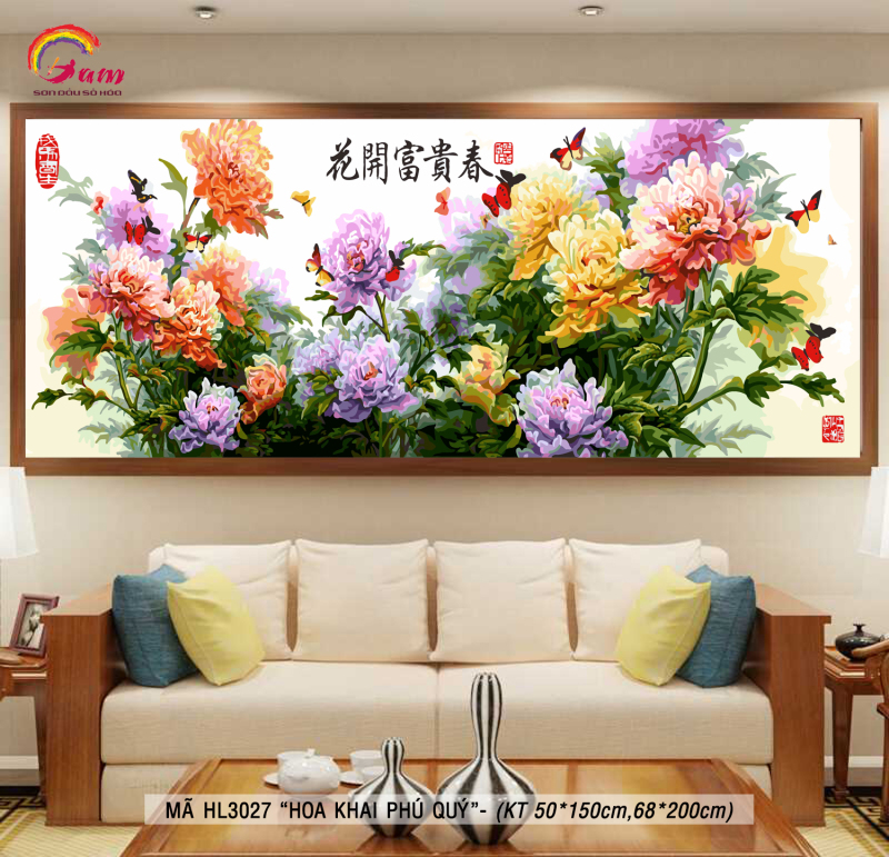 Tranh trang trí treo tường sơn dầu tự tô Gam khổ lớn Hoa khai phú quý HL3027