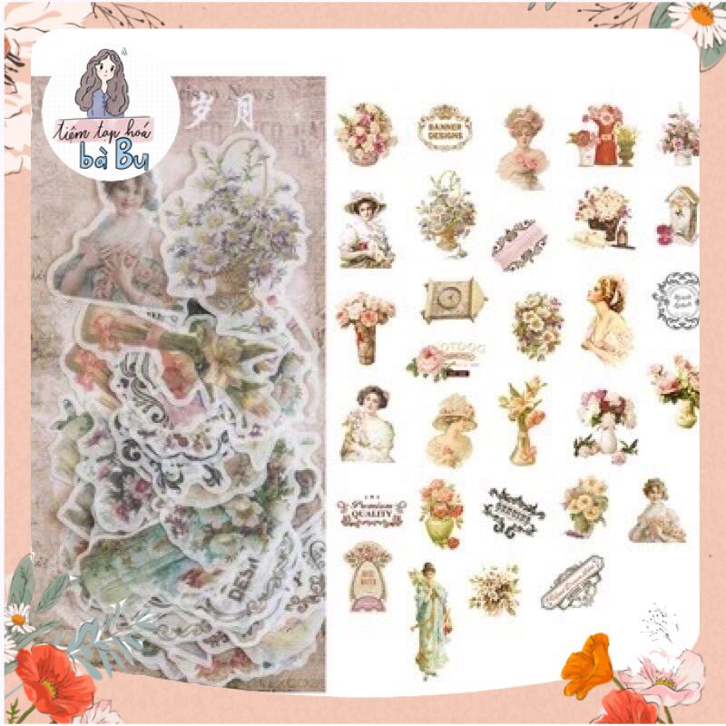 Set 60 pcs Washi Stickers Lớn Kiểu Cổ Điển / Vintage