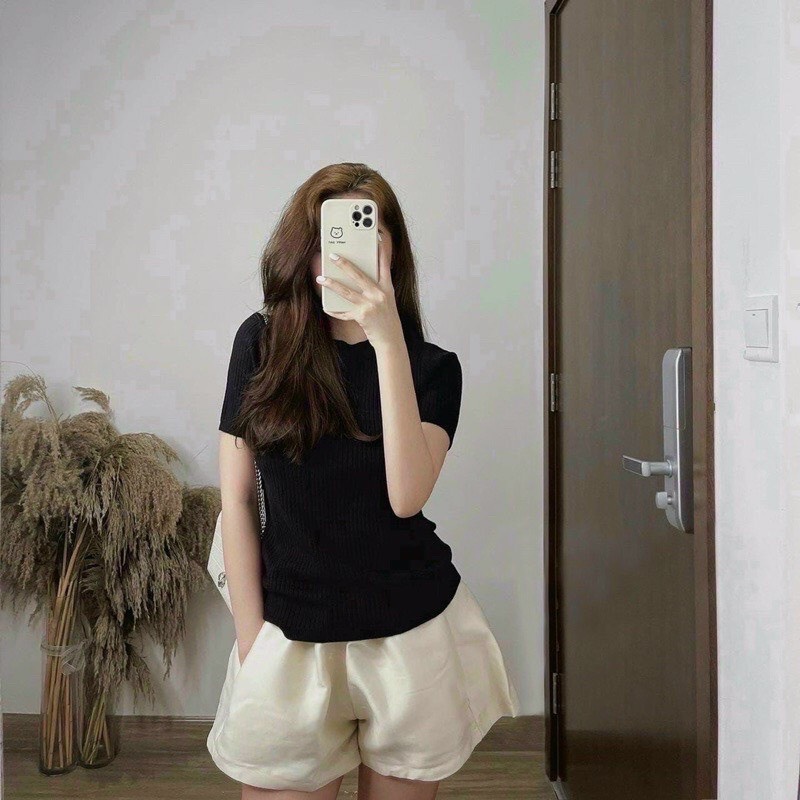 Áo cộc tay cổ tròn chất len tăm, áo thun dáng ôm basic